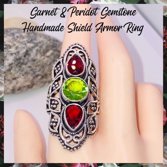 Garnet Peridot Gemstone Handmade Shield Armor Ring - Picture 1 of 5